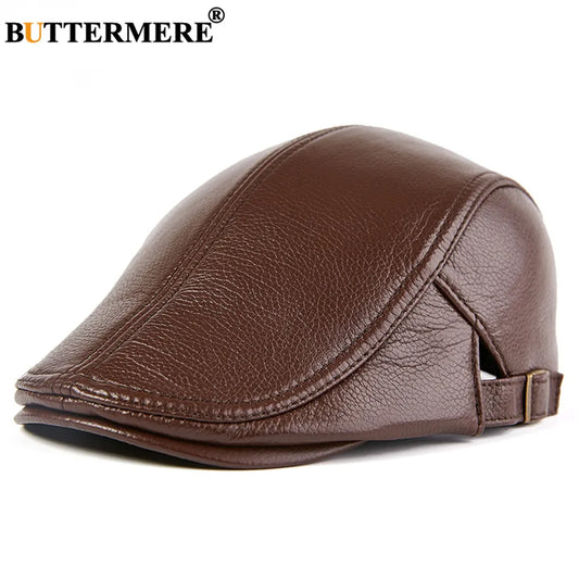 BUTTERMERE Men Beret Hat Real Leather Flat Cap Sheepskin Brown Adjustable